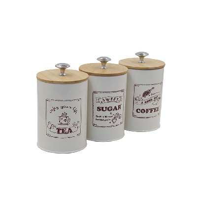 Cream white Set of 3 Metal Food Storage Tin Canister Jar with Bamboo Lid