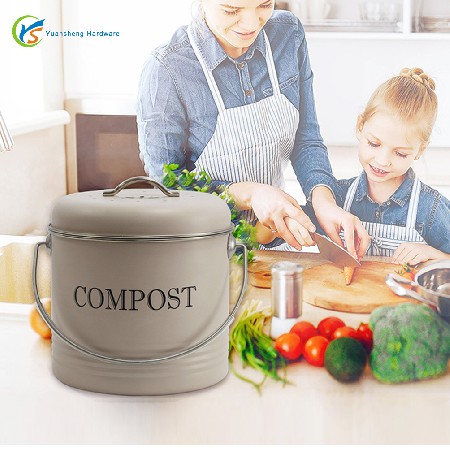 跨境專供鐵質(zhì)噴粉廚余桶 配除味片compost bin廚房廚余垃圾堆肥桶