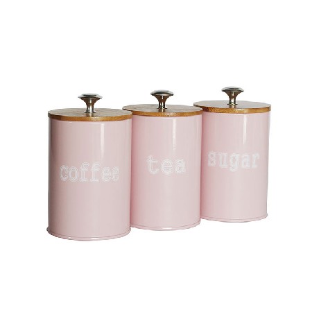 Rustic Vintage Farmhouse Country Decor 3 Piece pink Metal tea coffee sugar Kitchen Canister sets