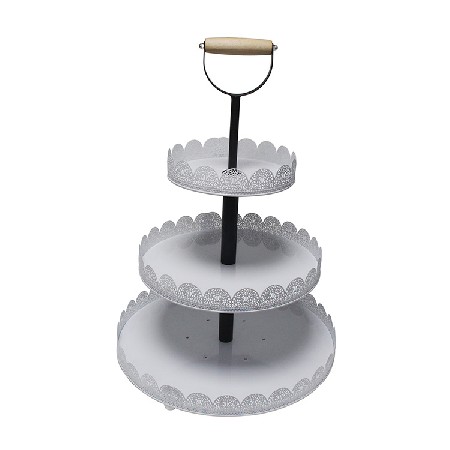 Party Wedding round white 3 tier metal cake stand with wood handle