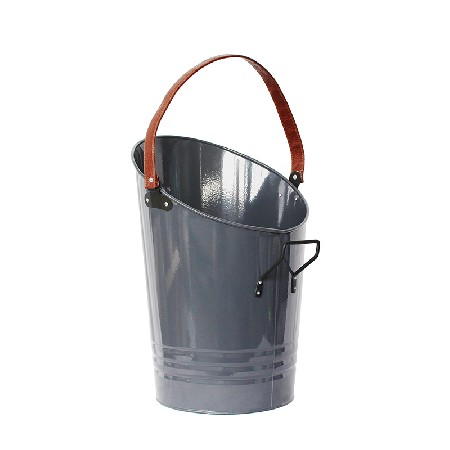 Grey power coated metal coal bucket with PU leather handle