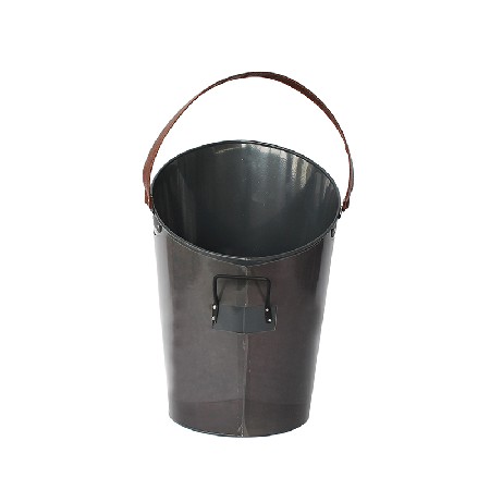 Grey power coated metal coal bucket with PU leather handle