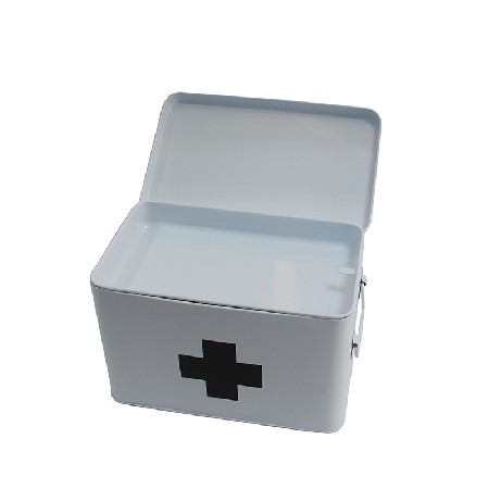 White Metal Home Storage First Aid Box with Lid &amp; Black Cross on Front