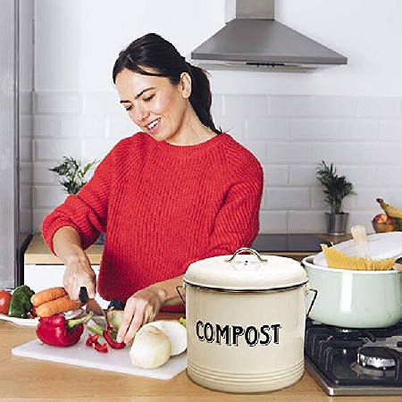 Compost Bin with FREE Charcoal Filters Vintage Cream Powder-Coated Carbon Steel | Kitchen Pail with Lid, Trash Keeper Container Bucket, Recycling Caddy