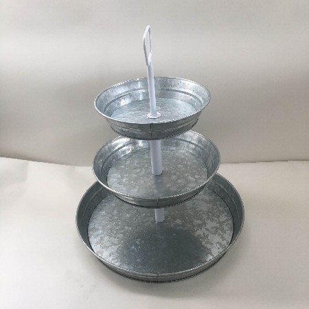 3 Tier Galvanized Round Serving Trays with White Handle