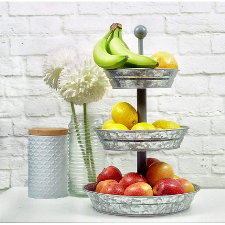 3 Tier Serving Tray - Galvanized, Rustic Metal Stand. Dessert, Cupcake, Fruit &amp; Party Three Tiered Platter. Country Farmhouse Vintage Decor for the Kitchen, Home, Farm &amp; Outdoo