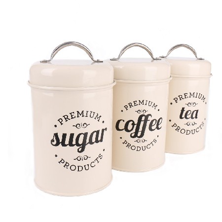 3 Piece Coffee, Sugar,Tea Metal Canister Set, Cream