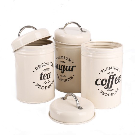 3 Piece Coffee, Sugar,Tea Metal Canister Set, Cream