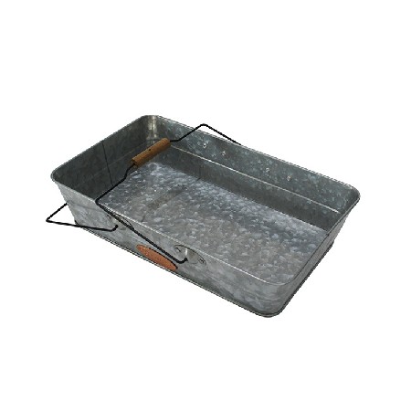 Vintage Rectangle Metal Galvanized Party Serving Tray With Wooden Handles