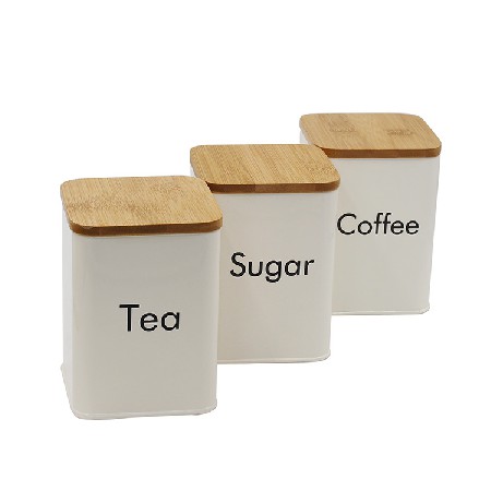 Cream Metal 3 Food Storage Containers for Coffee Tea and Sugar with Bamboo Lids