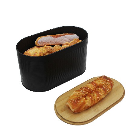 Vintage Unique Metal Matte Black Bread Bin with Bamboo Lid